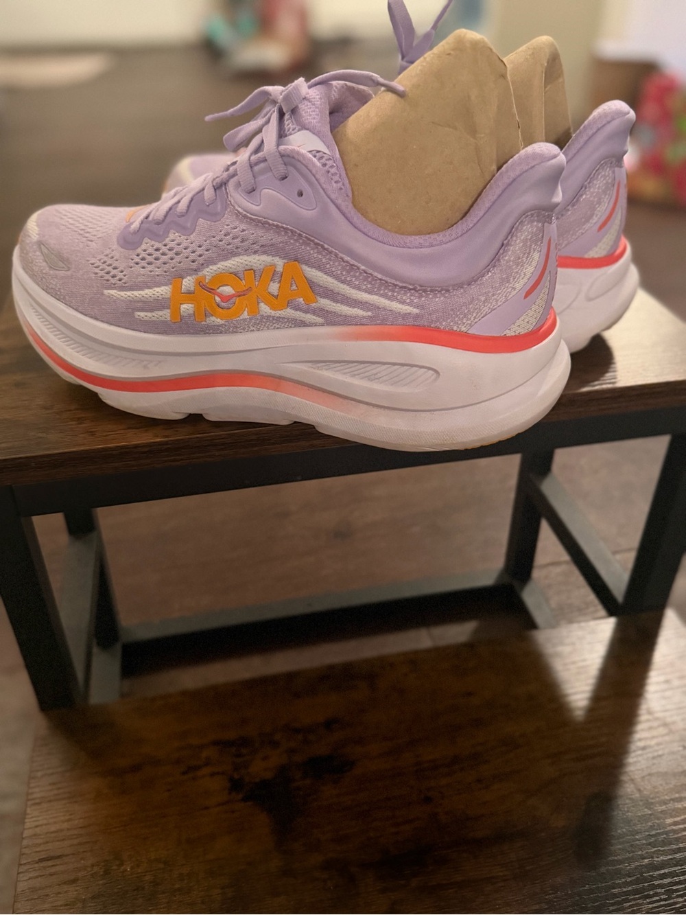Hoka Bondi 9 Lavender Running Shoes with Coral and Yellow Accents